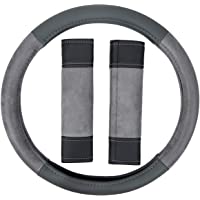 Los mejores  - Amazon Basics - Cubierta para volante de 38 cm (38-1 cm) y almohadillas para cinturón de seguridad- cuero sintético y…